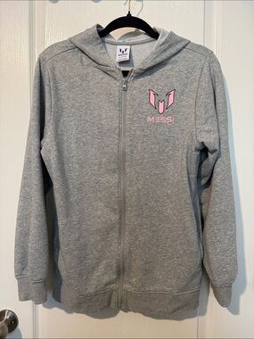 Women's Messi Gray Zip Hoodie with Pink Logo
